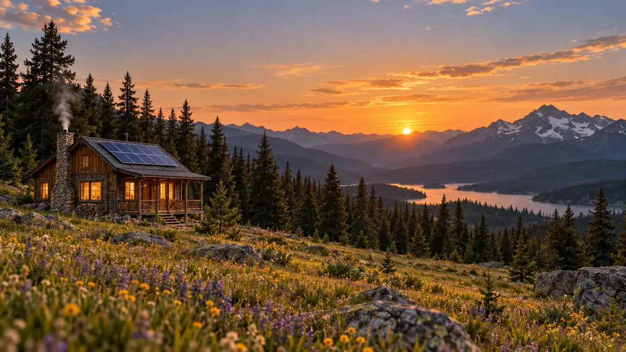 A small cabin in a meadow at golden hour