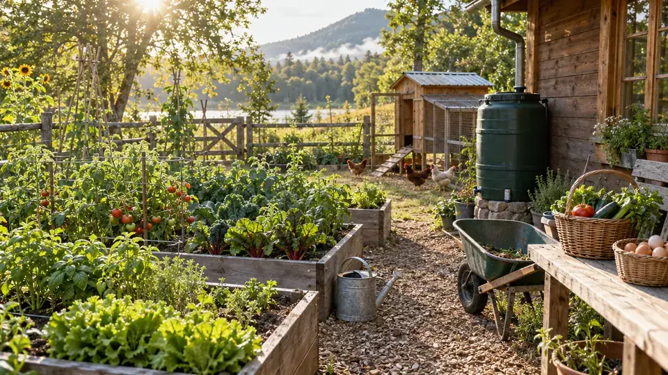 Homestead with raised beds, a chicken coop and a cabin